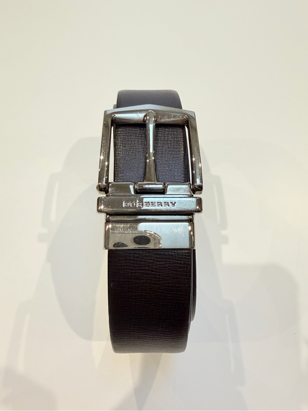Authentic Burberry Black Leather Men's Belt with Silver-Tone Buckle
